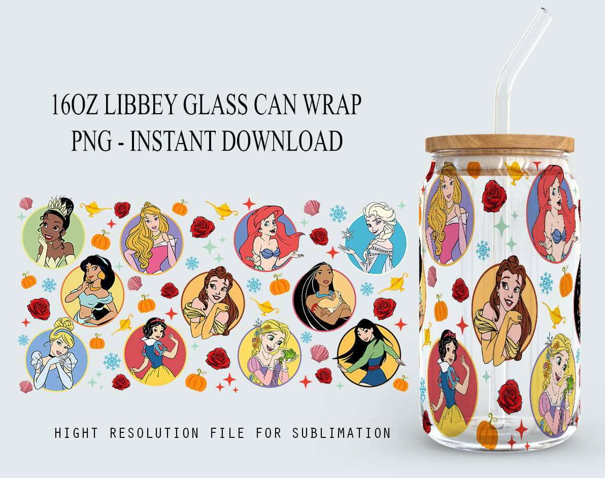 Cartoon Character 16oz Tumbler Wrap, Princess 16oz Libbey Can Glass, Full Tumbler Wrap