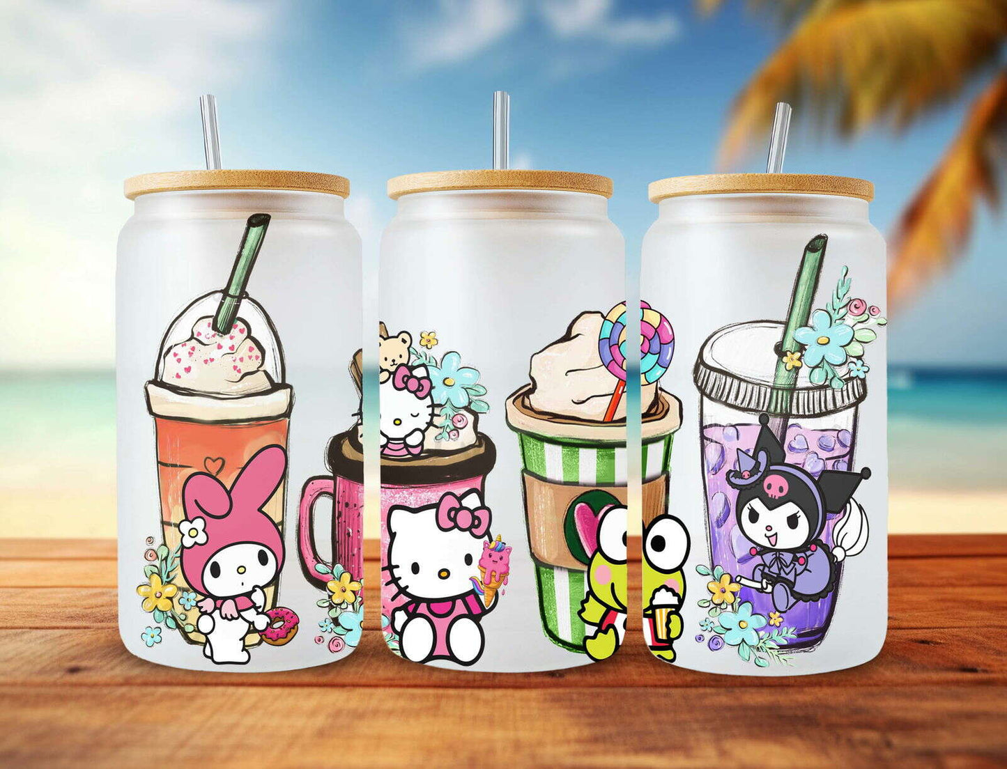Cartoon Character Coffee Cup 16oz Glass Can Wrap, Cute Cartoon Cup Design