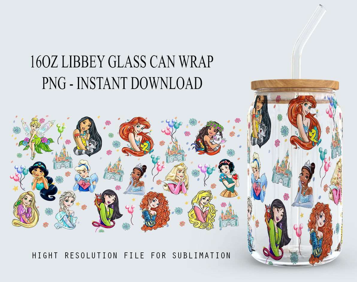 Cartoon Characters 16oz Glass Can Wrap, Cartoon Princess 16 oz Glass Can Png