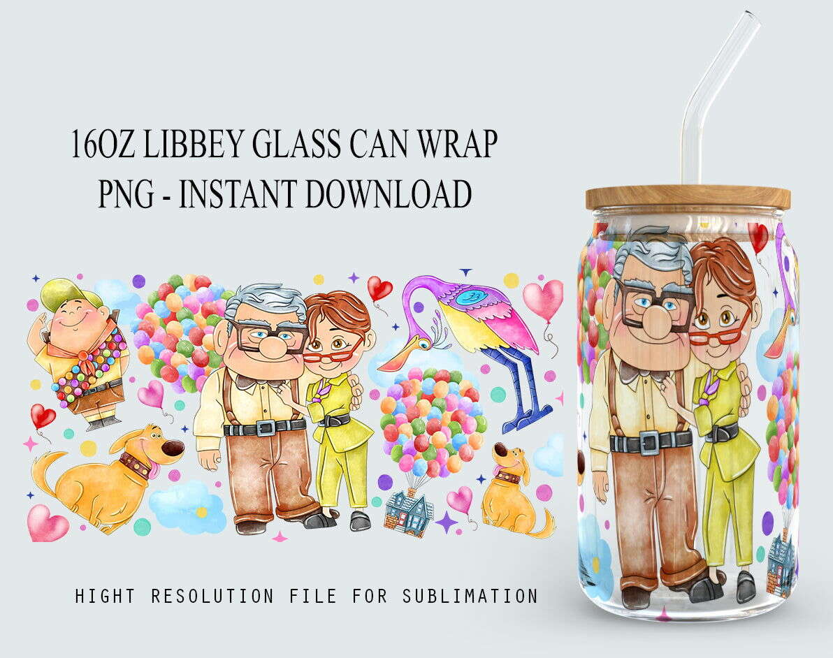 Cartoon Characters Valentine 16oz Glass Can Design PNG, Libbey 16oz Glass Can Wrap Sublimation