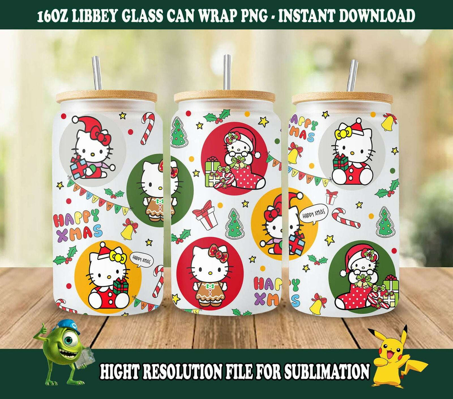 Cartoon Christmas Libbey 16oz Glass can Wrap Cat Png, Instant Download PNG