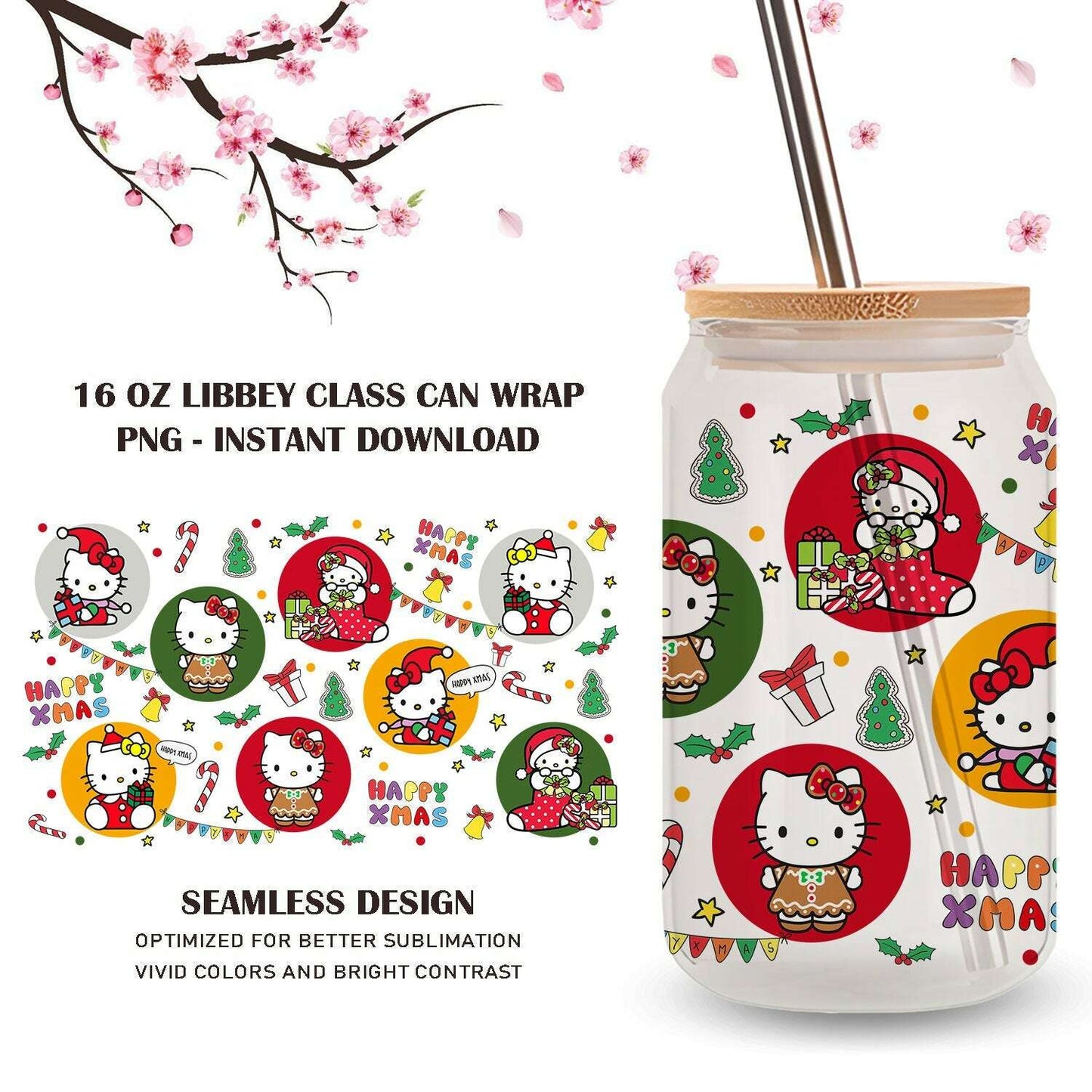Cartoon Christmas Libbey 16oz Glass can Wrap Cat Png, Instant Download PNG