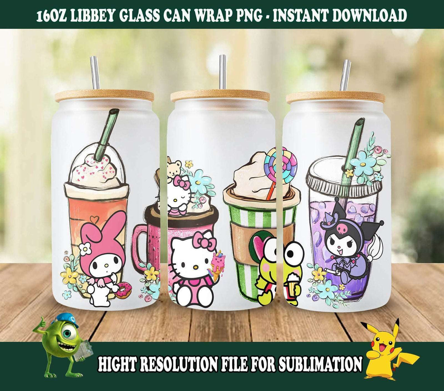 Cartoon Coffee 16oz Libbey Wrap, Cartoon Cute Cat Png Sublimation Design