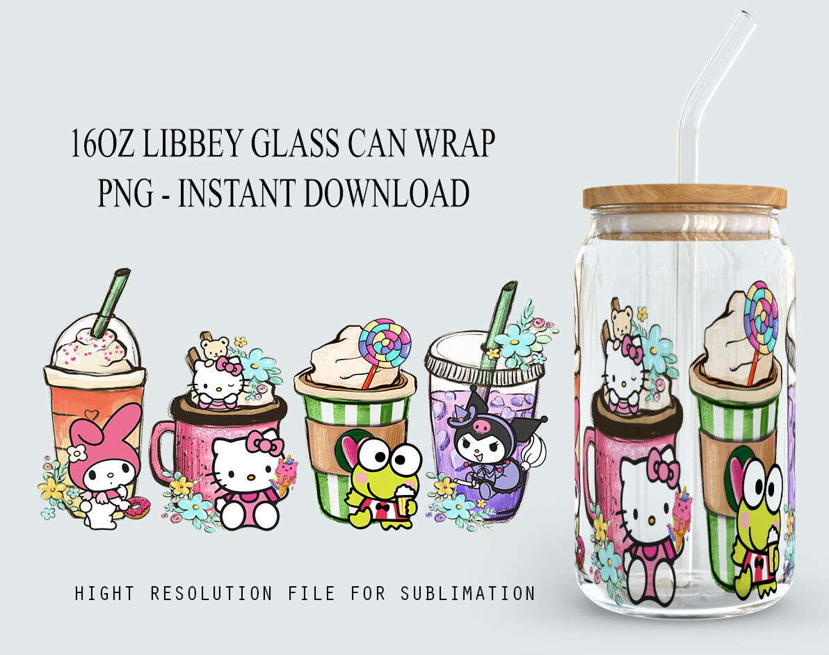 Cartoon Coffee 16oz Libbey Wrap, Cartoon Cute Cat Png Sublimation Design