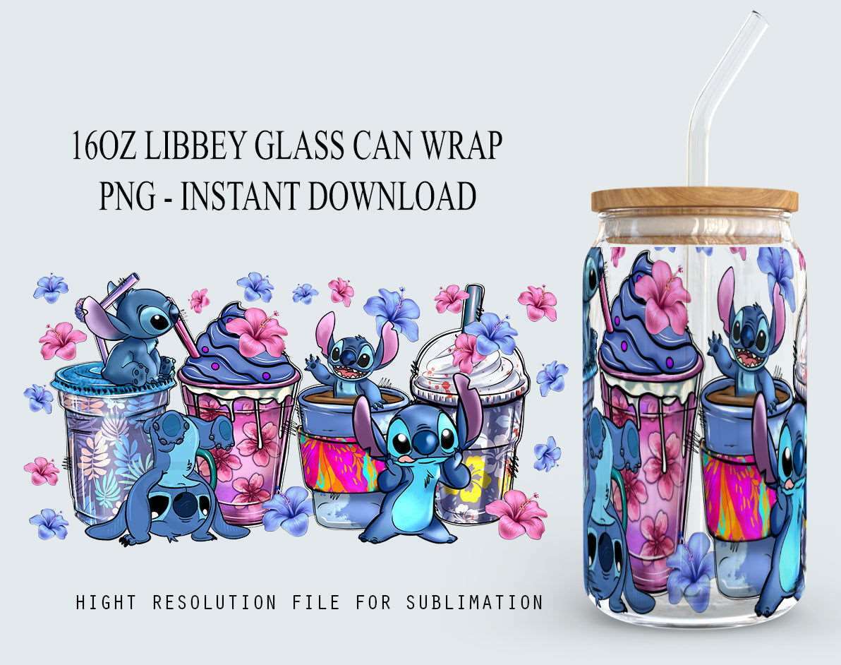Cartoon Coffee Cups 16oz Can Glass, Libbey Can Glass, Png Instant Download