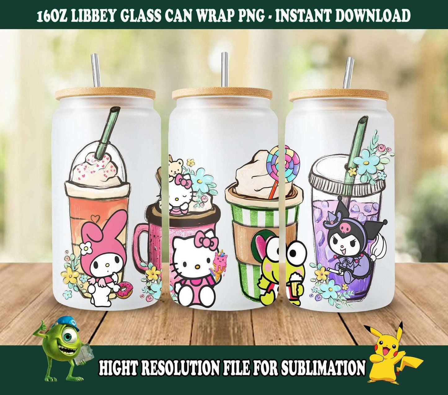 Cartoon Coffee Png, Cartoon 16oz Glass Can Wrap, Cute Cat Design PNG