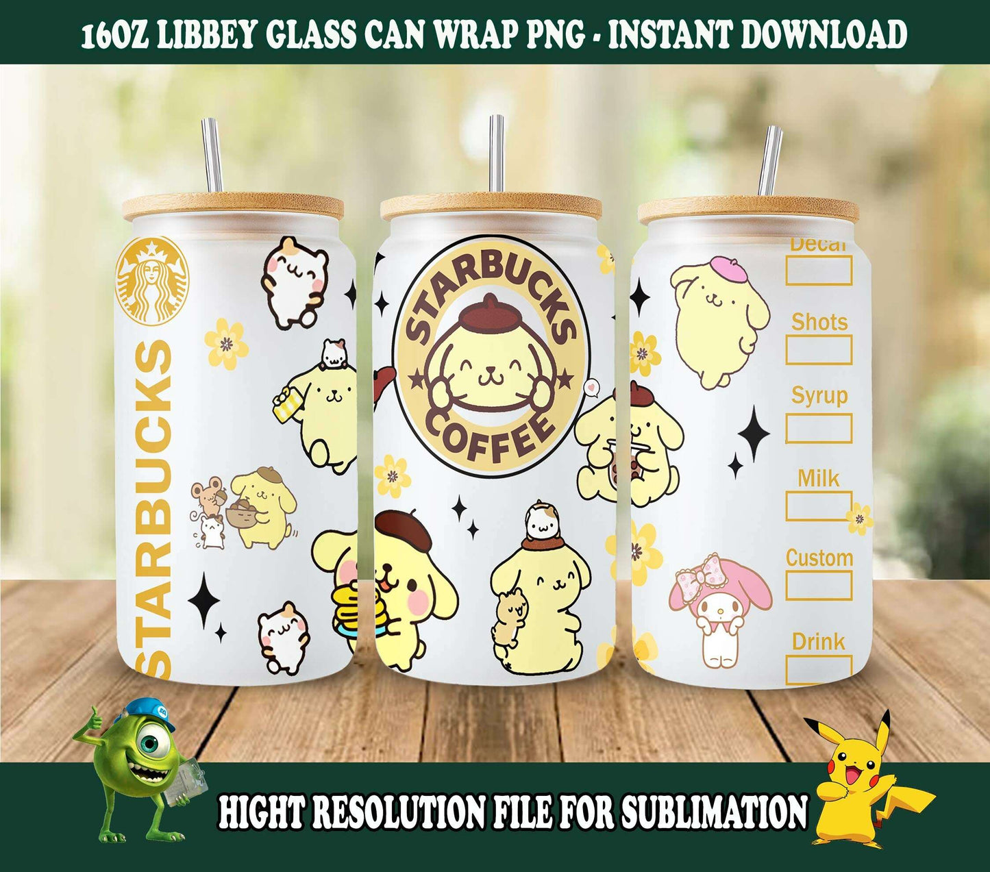 Cartoon Coffee Tumbler Wrap, Hello Coffee 16oz Can Glass Wrap, Cat Tumbler Wrap