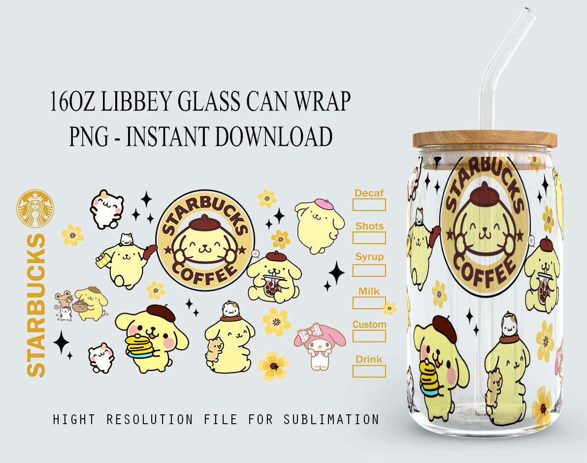 Cartoon Coffee Tumbler Wrap, Hello Coffee 16oz Can Glass Wrap, Cat Tumbler Wrap