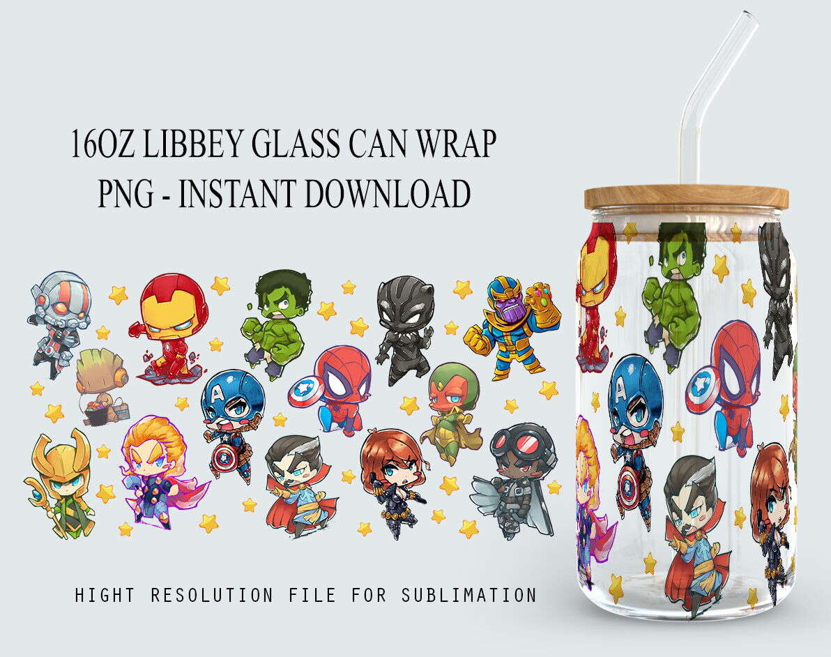 Cartoon Comics 16oz Can Glass, Hero Tumbler Sublimation, Hero Tumbler wrap Sublimation, Comics Sublimation