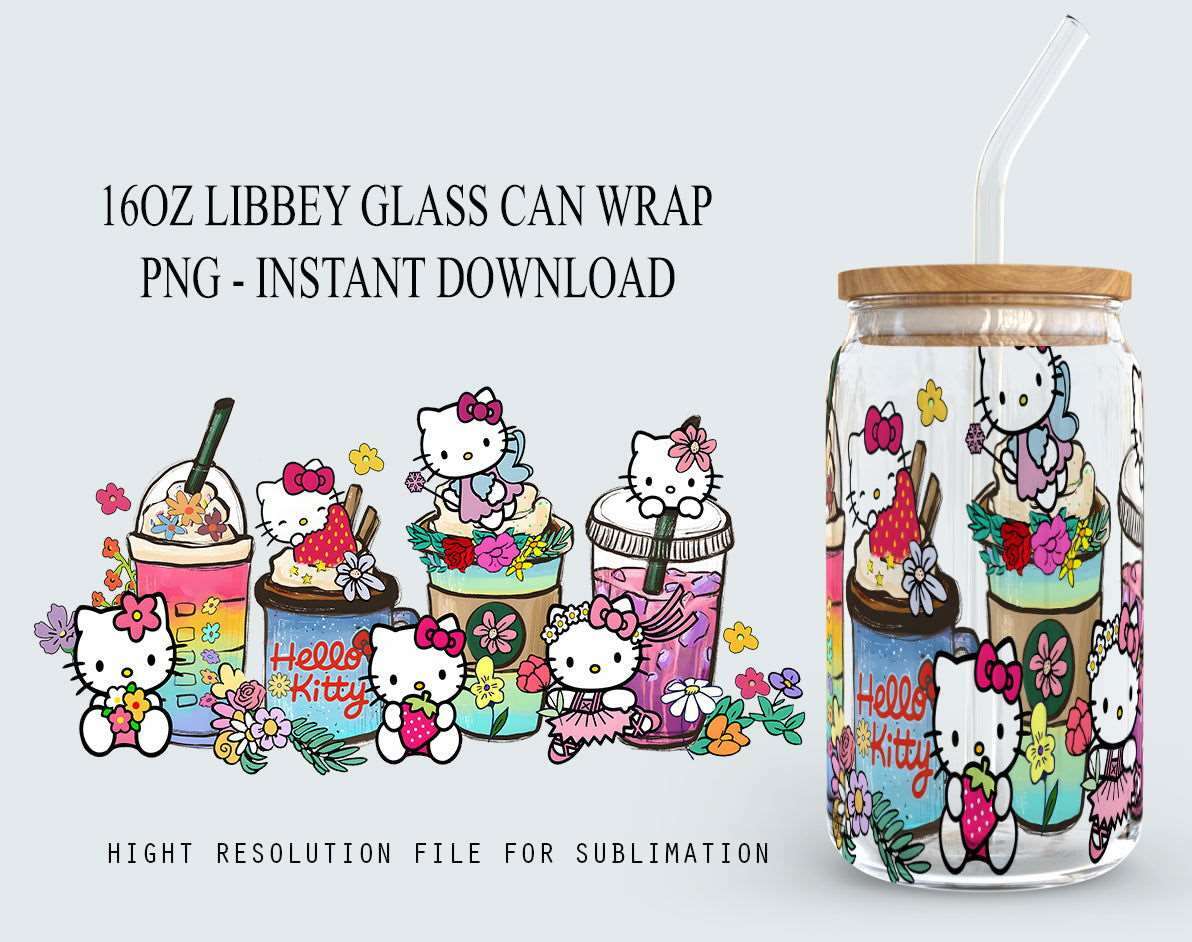 Cartoon Cute Cat 16oz Libbey Wrap, Cartoon Coffee Cups Png Sublimation Design