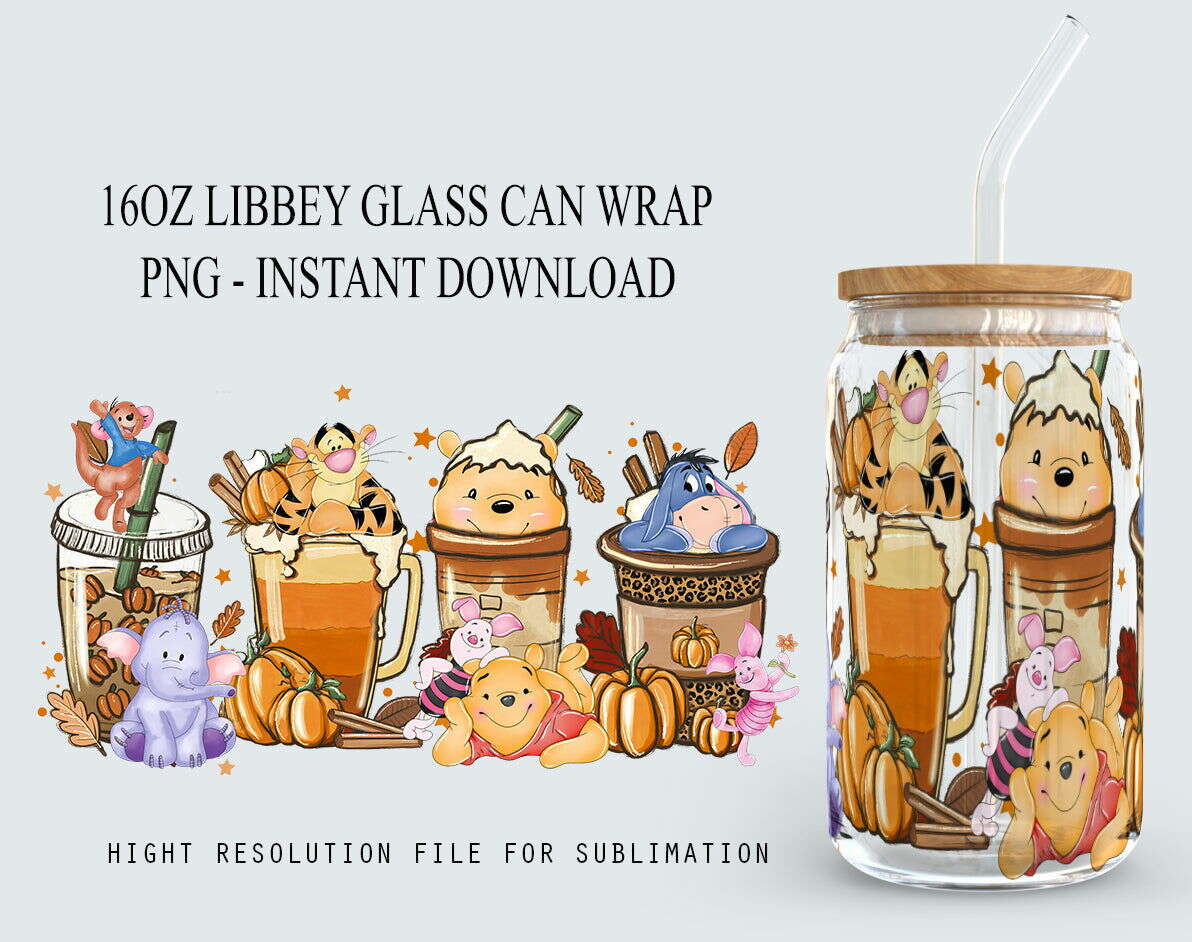 Cartoon Halloween Coffee 16oz Glass Can Wrap , Png Design, Instant Download