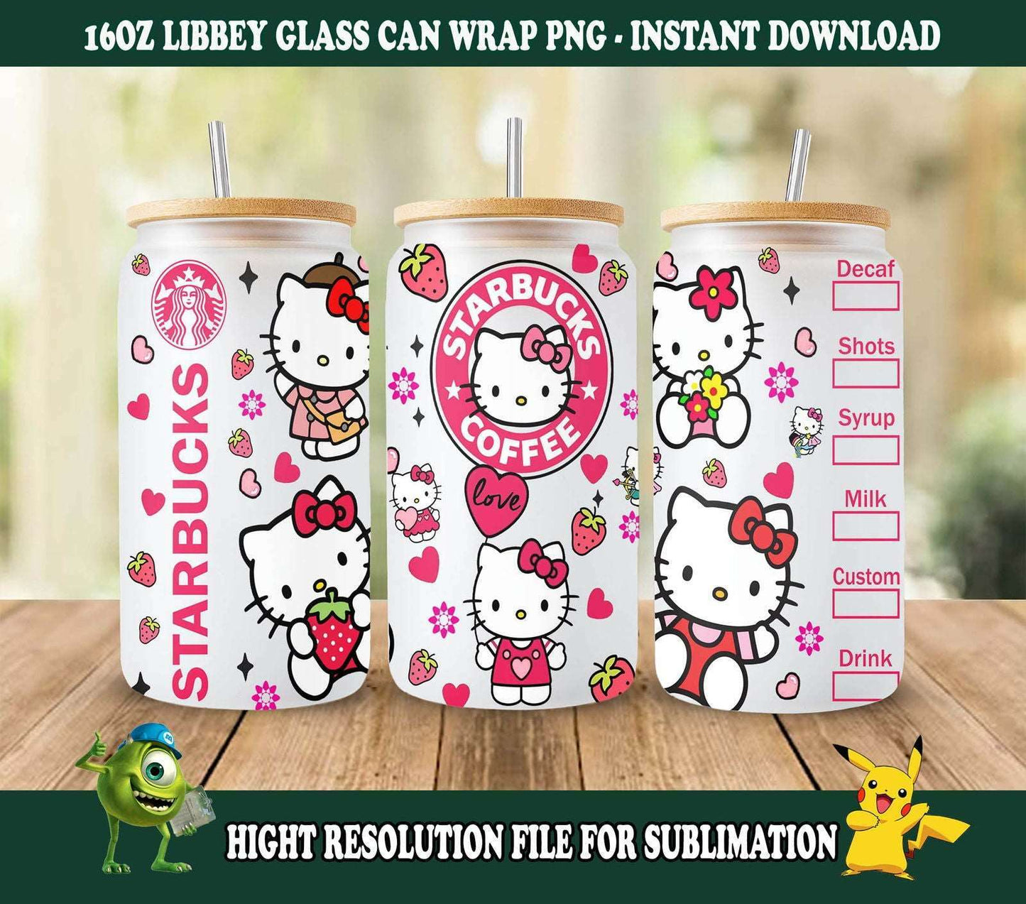 Cartoon Love 16oz Libbey Glass Can Wrap, Cartoon Spring Flower Sublimation Design