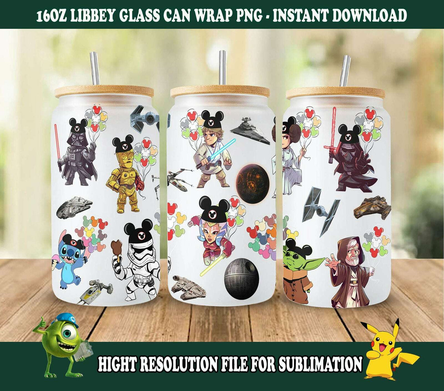 Cartoon Movie Character 16oz Can Glass Wrap, Png Instant Download