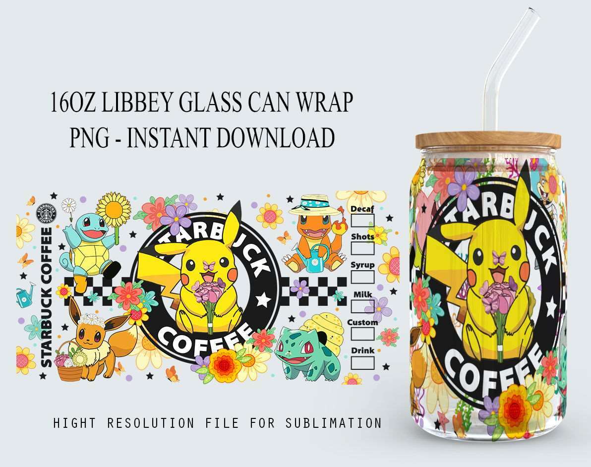 Cartoon Poke Tumbler PNG, 16oz Libbey Glass Can, Can Glass Wrap