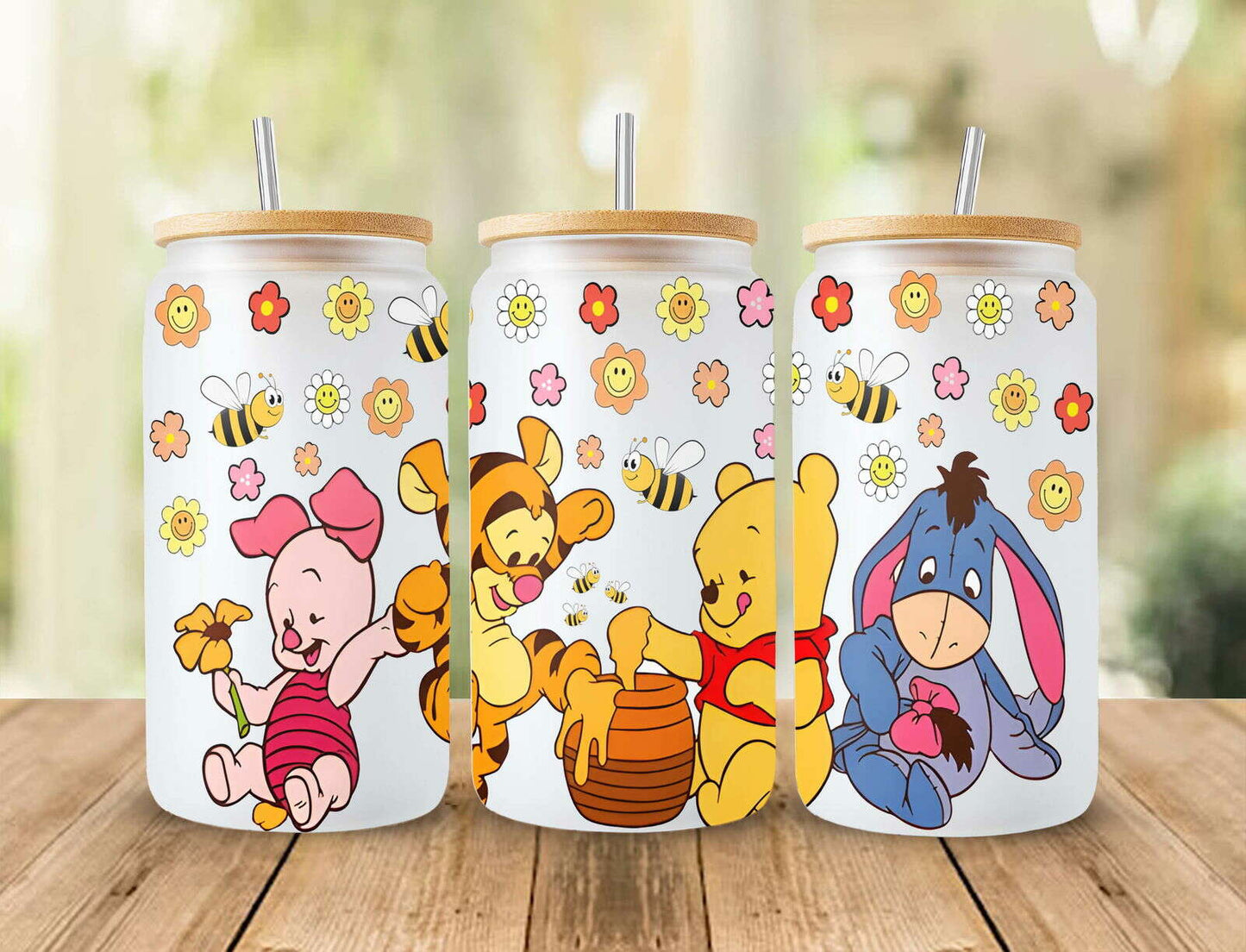 Cartoon Pooh And Friends 16oz Glass Can Wrap Png Sublimation Design, Cute Cartoon Full Tumbler Wrap