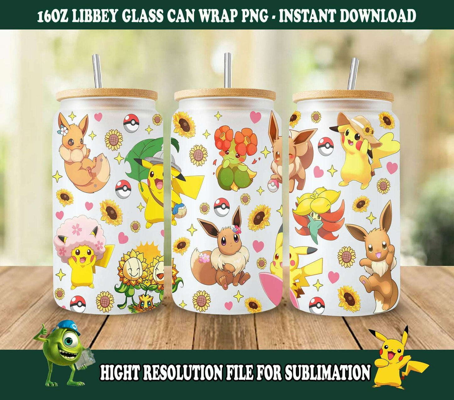 Cartoon Spring 16oz Glass Can Wrap, Poke Glass Can, Gotta Catch 'em all Design