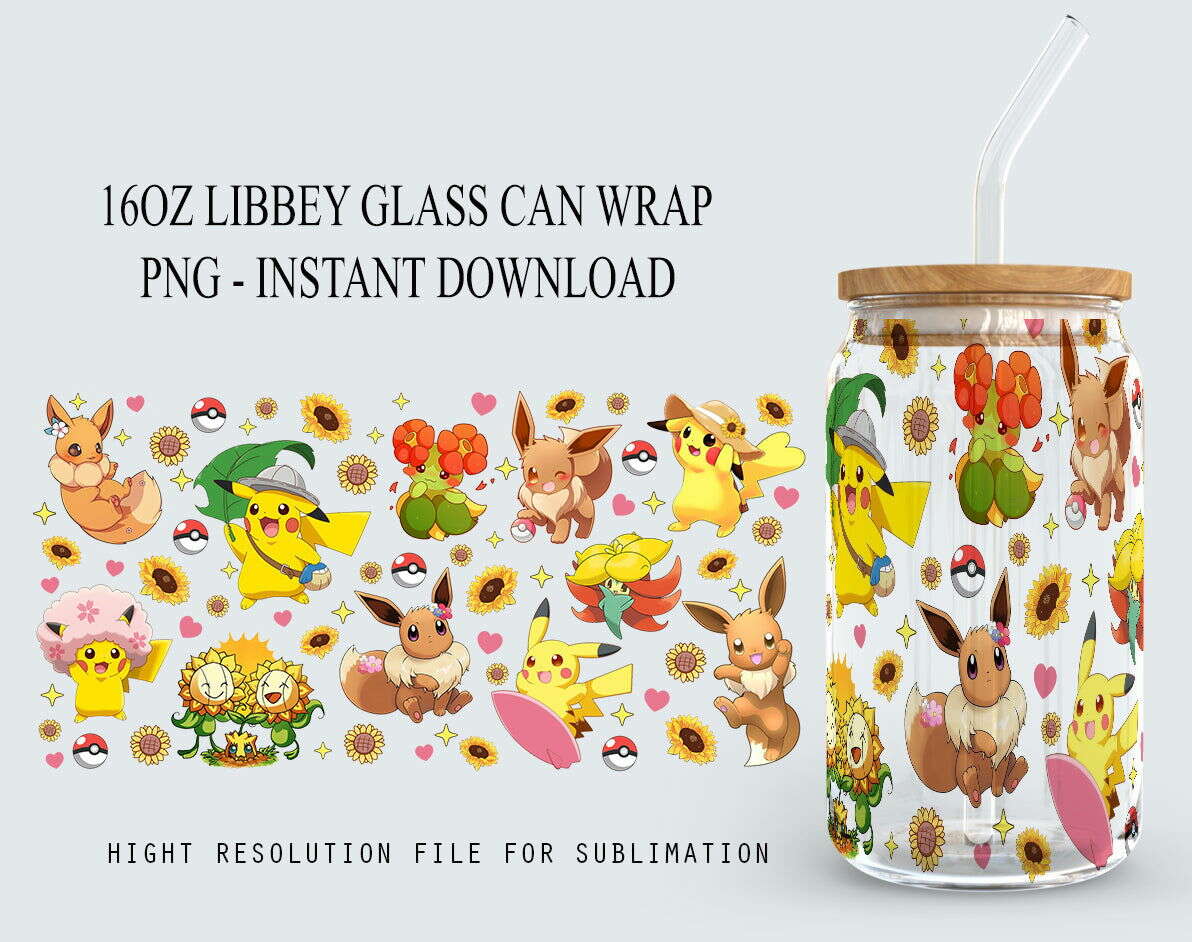 Cartoon Spring 16oz Glass Can Wrap, Poke Glass Can, Gotta Catch 'em all Design