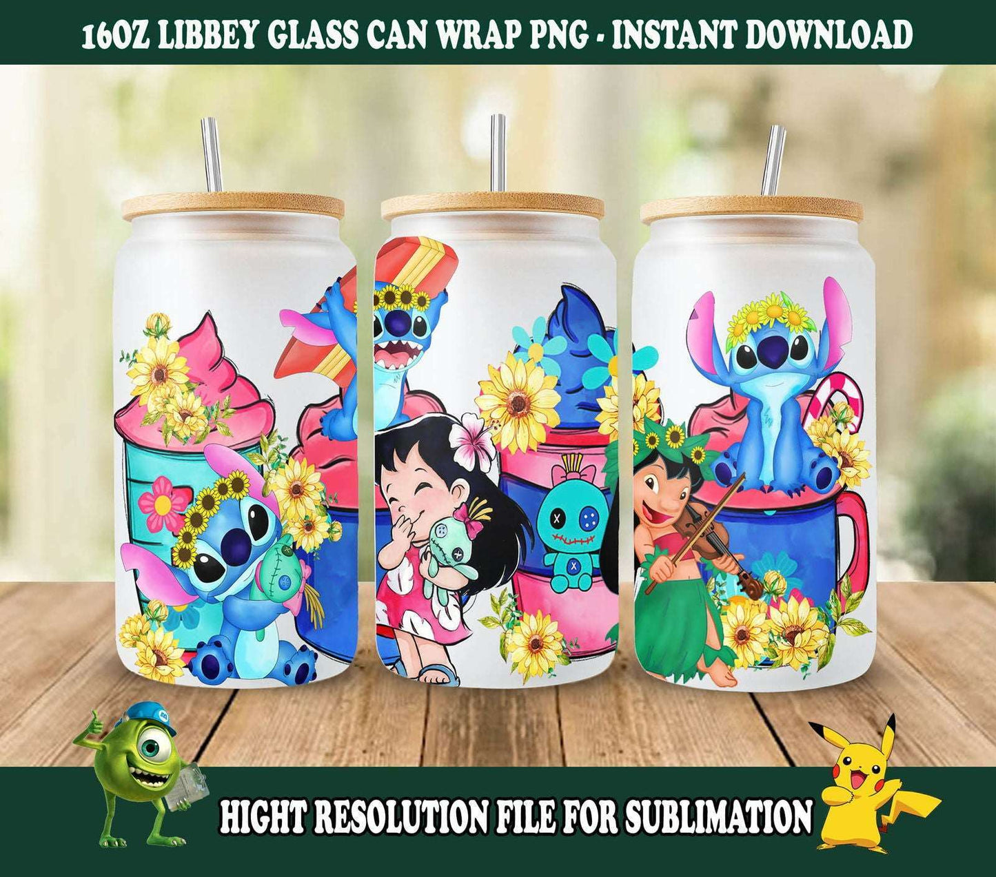 Cartoon Summer 16oz libbey can glass, 16oz Glass Can Wrap, Full Glass Can Wrap