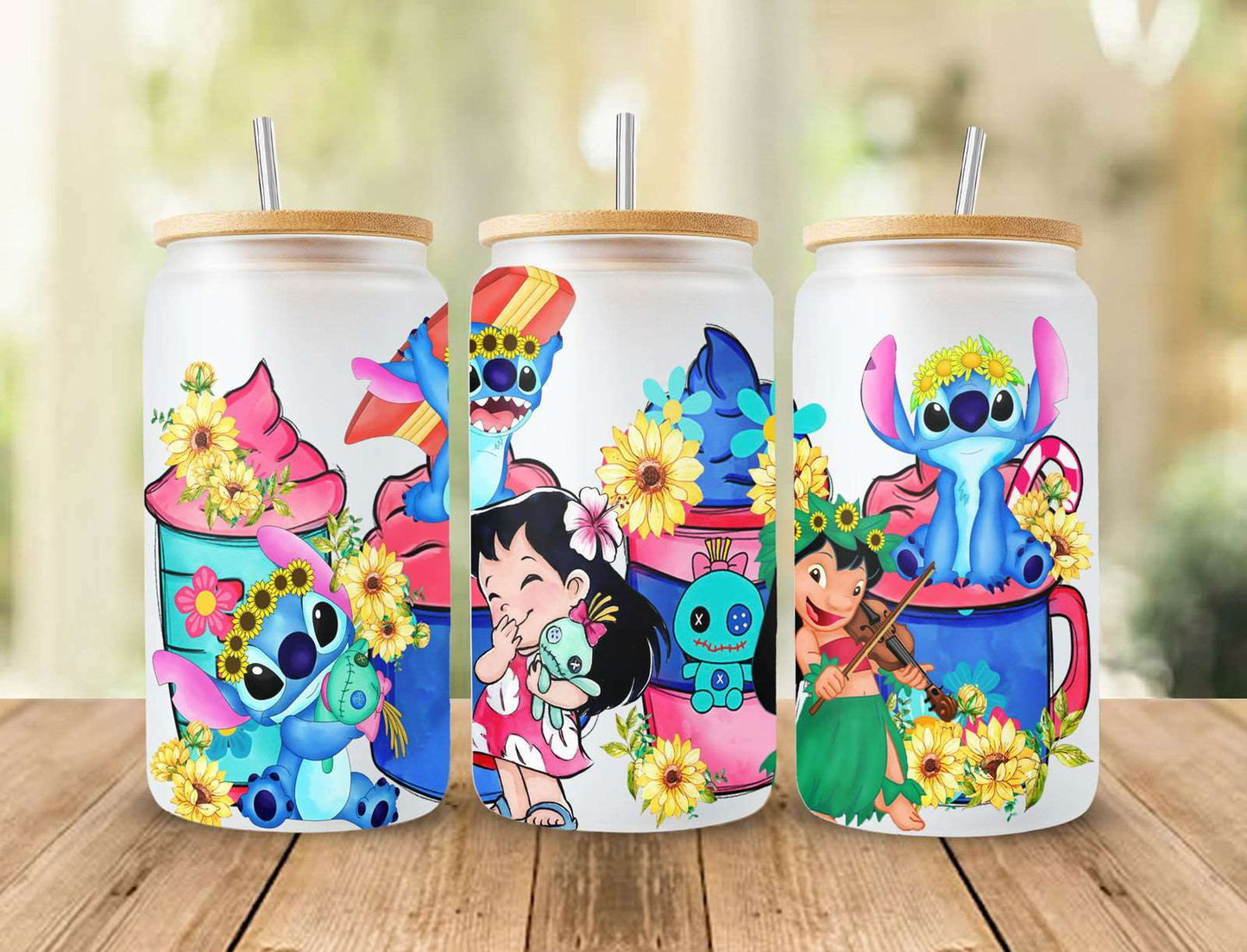 Cartoon Summer 16oz libbey can glass, 16oz Glass Can Wrap, Full Glass Can Wrap
