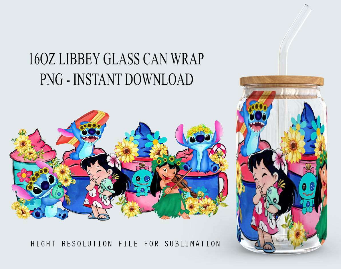 Cartoon Summer 16oz libbey can glass, 16oz Glass Can Wrap, Full Glass Can Wrap