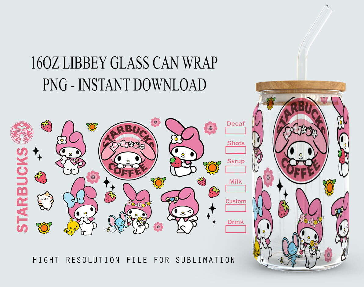 Cat 16oz Glass Can Wrap, Hello Coffee Png Design, Instant Download