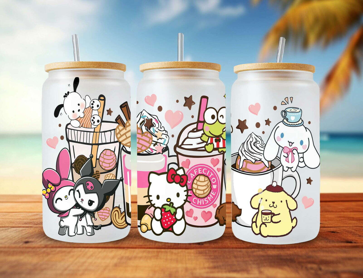 Cute Cartoon Coffee 16oz Glass Can Wrap, Cartoon Cafecito Y Chisme PNG Design