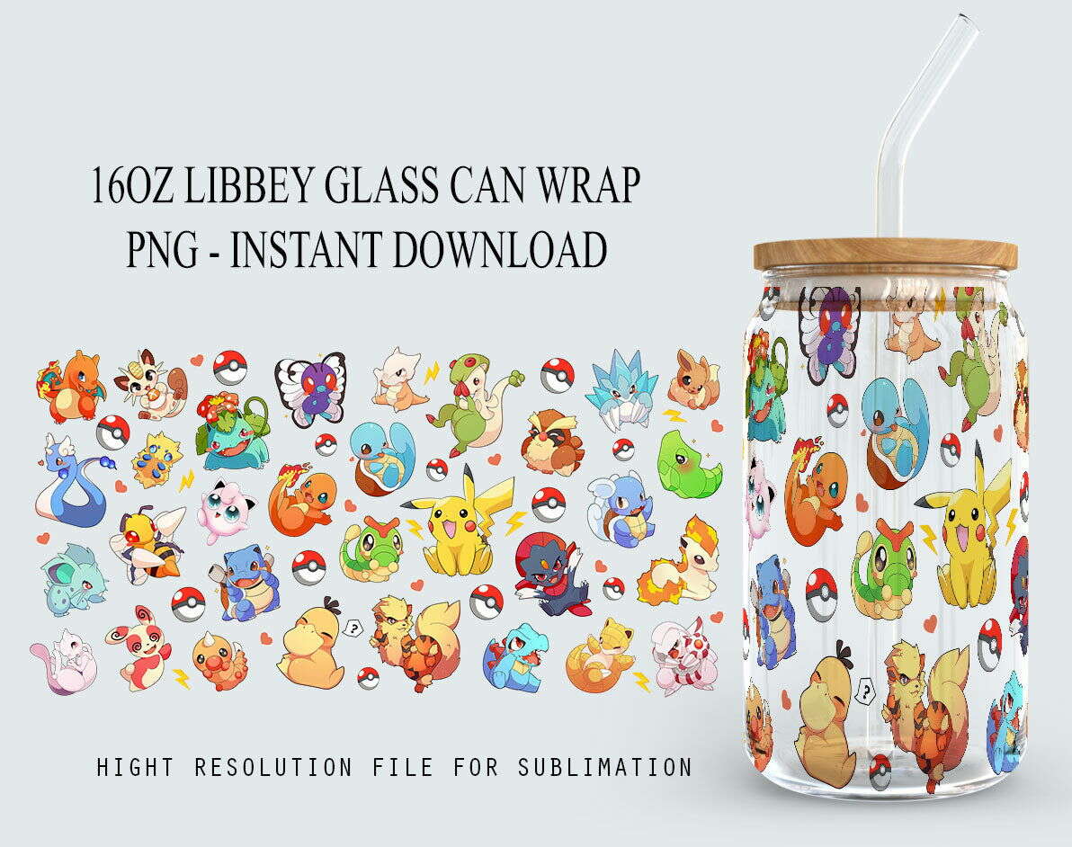 Gotta catch ‘em all 16oz Can Glass Glass Wrap, Cartoon Libbey Glass Can Design