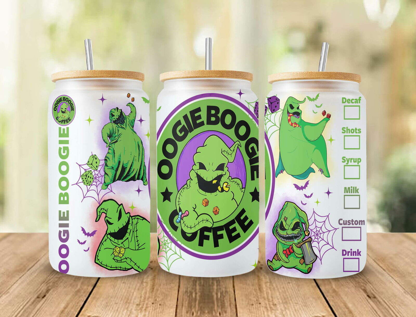 Horror Character 16oz Can Glass Wrap, Oogie Boogie Coffee Png Design