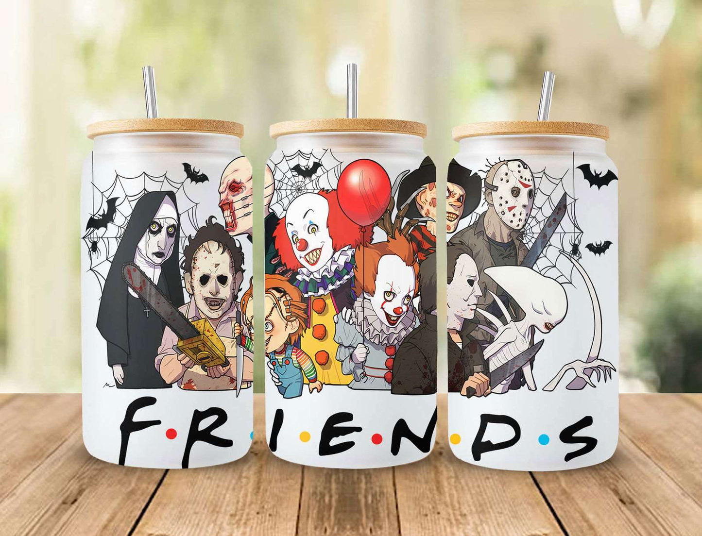 Horror Characters 16oz Glass Can Wrap, Halloween 16 oz Glass Can Png