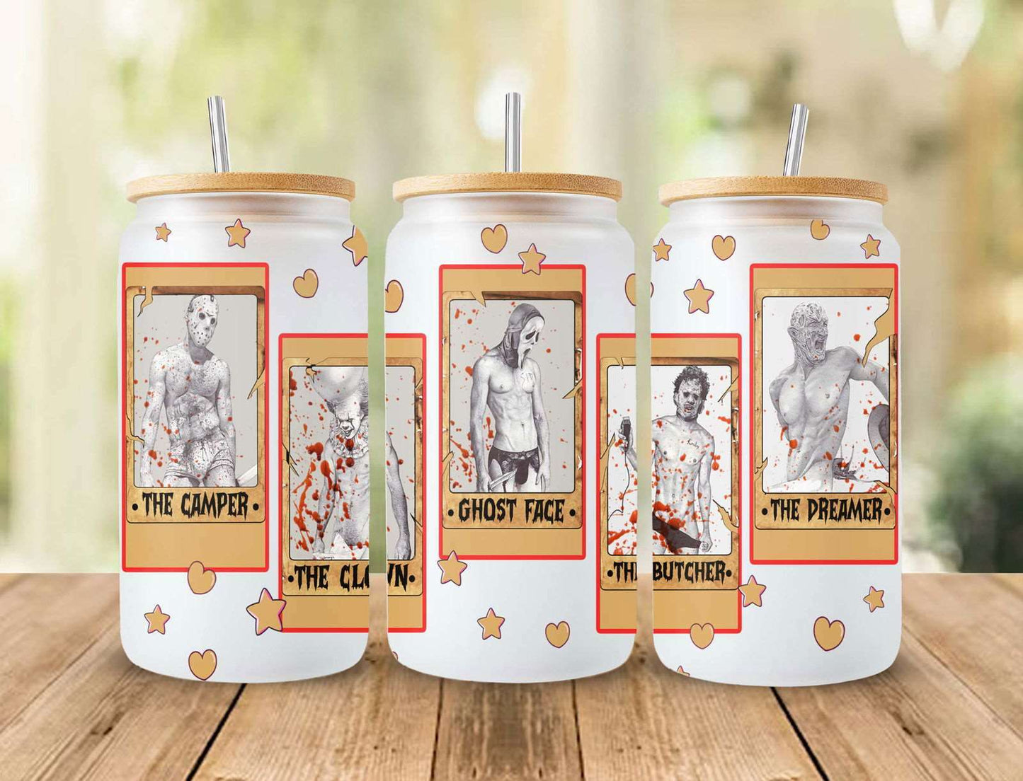 Horror Characters 16oz Glass Can Wrap, Horror Halloween PNG Design