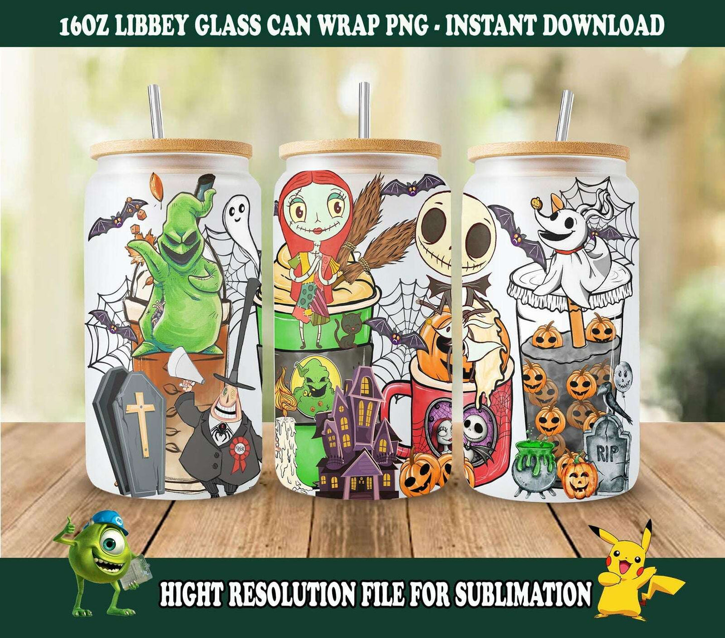 Horror Movies Character 16oz Glass Can Wrap Halloween Coffee PNG Design