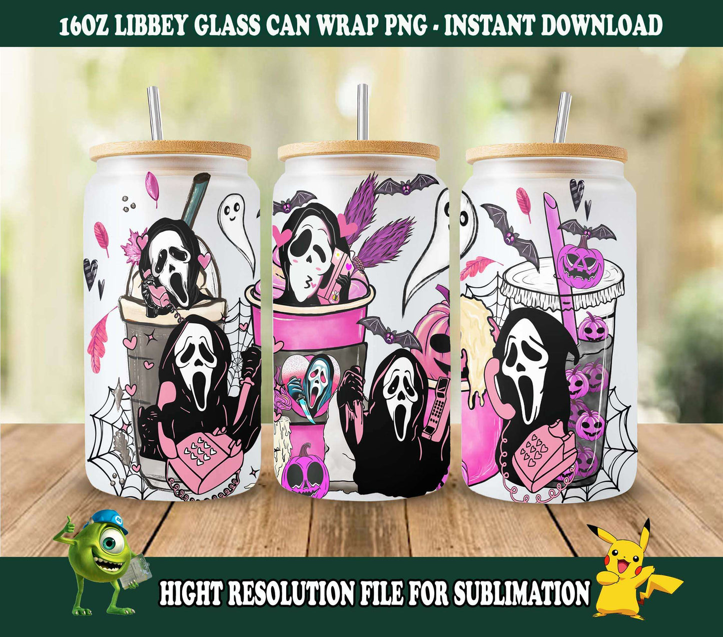 Horror Movies Character Coffee Cup Png, Halloween, Horror 16oz Glass Can Wrap