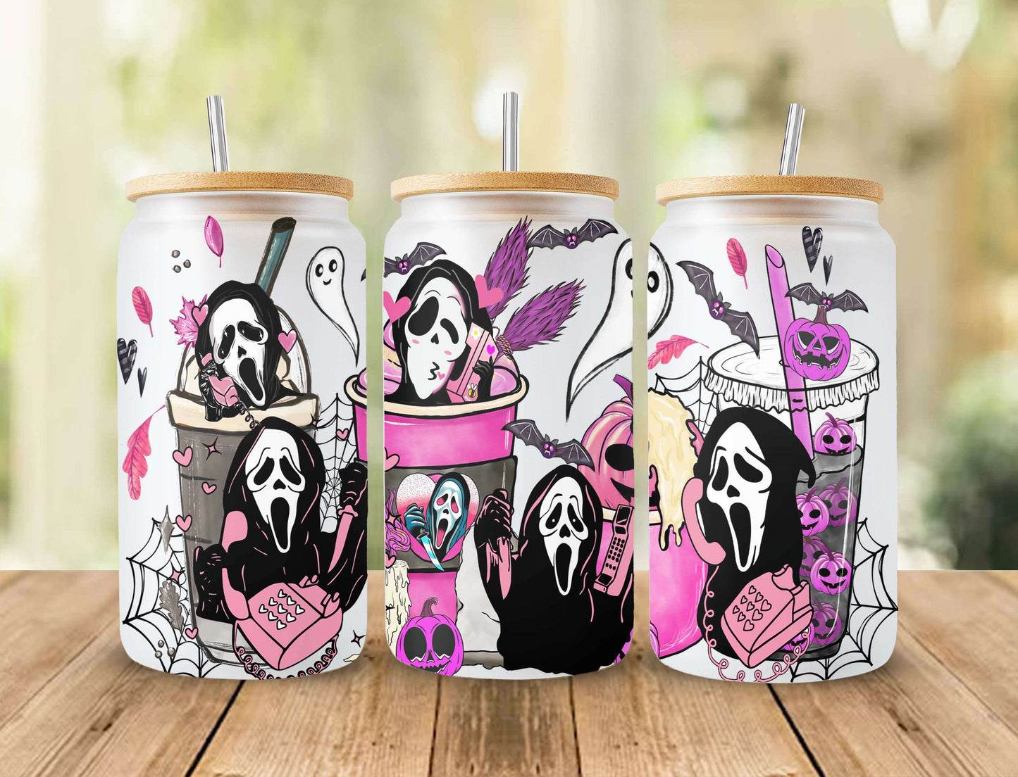 Horror Movies Character Coffee Cup Png, Halloween, Horror 16oz Glass Can Wrap