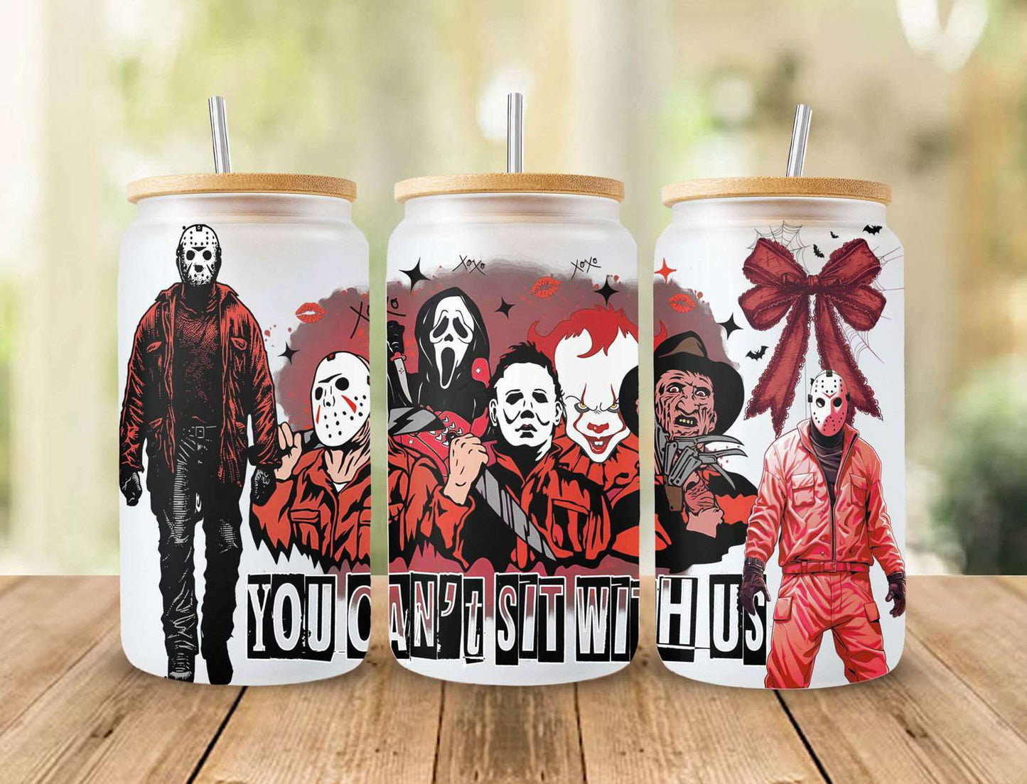 Horror Movies Characters 16oz Glass Can Wrap, You Can't Sit With Us Design