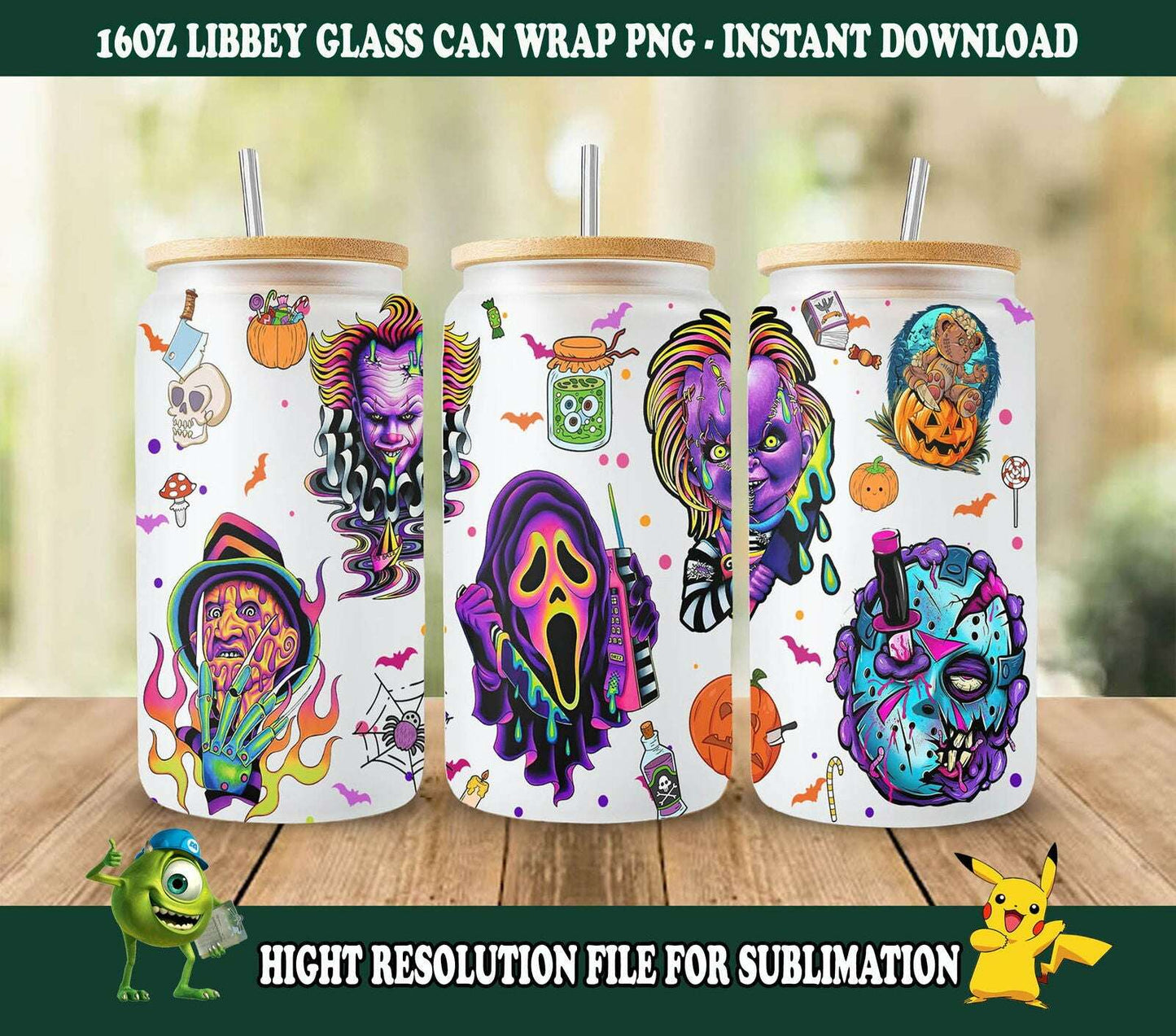 Horror png, Horror characters 16oz Libbey can Glass, Horror characters full glass can wrap
