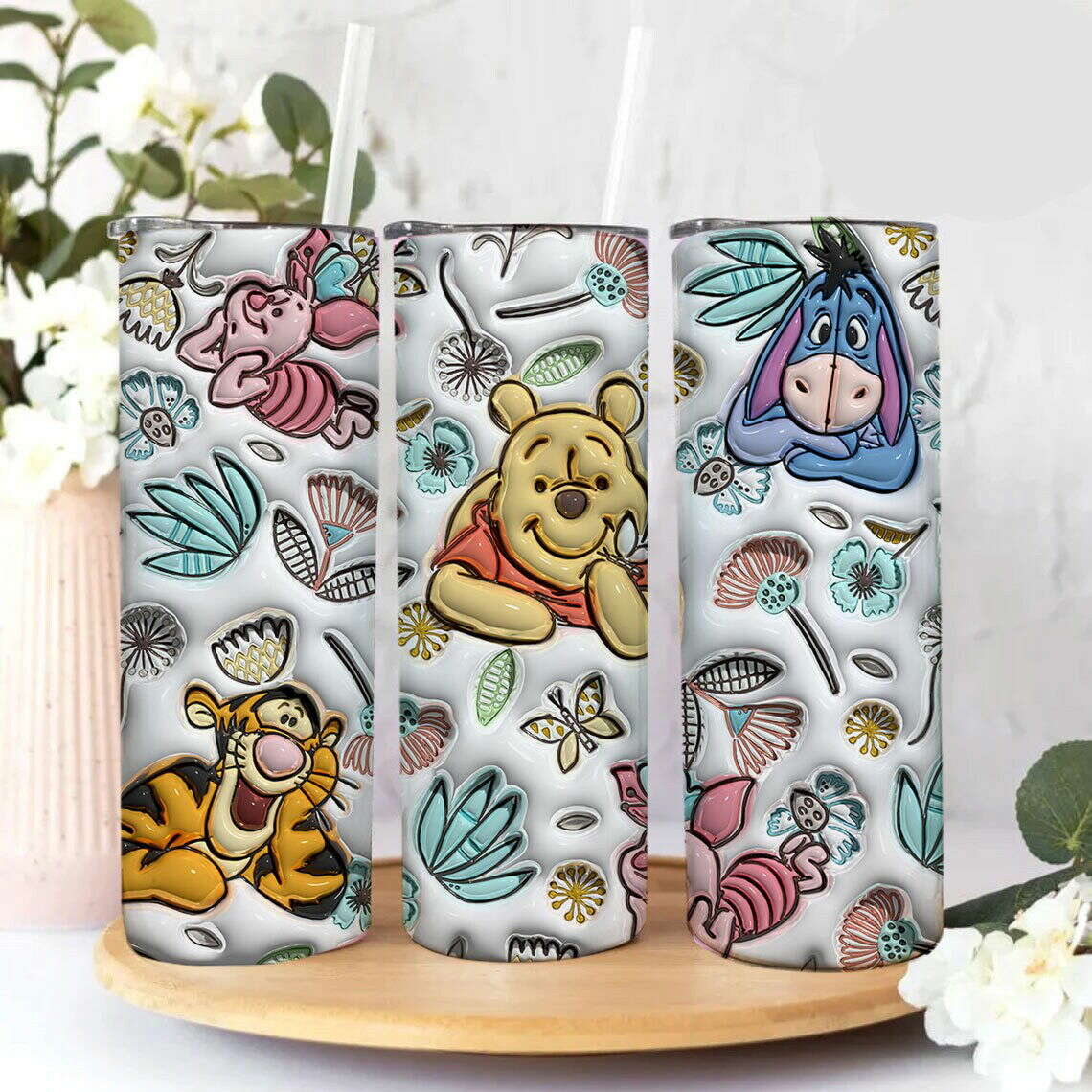 Inflated Floral Tumbler Wrap Png, 3D Cartoon Tumbler Wrap, 20oz Sublimation