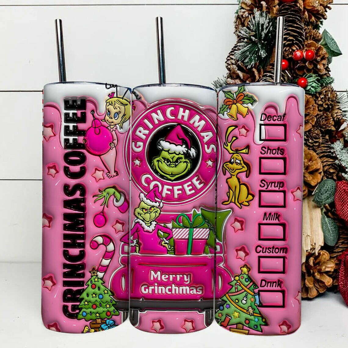 Inflated Pink Christmas Tumbler Design Png, 3D Christmas Tumbler Wraps 20oz 2