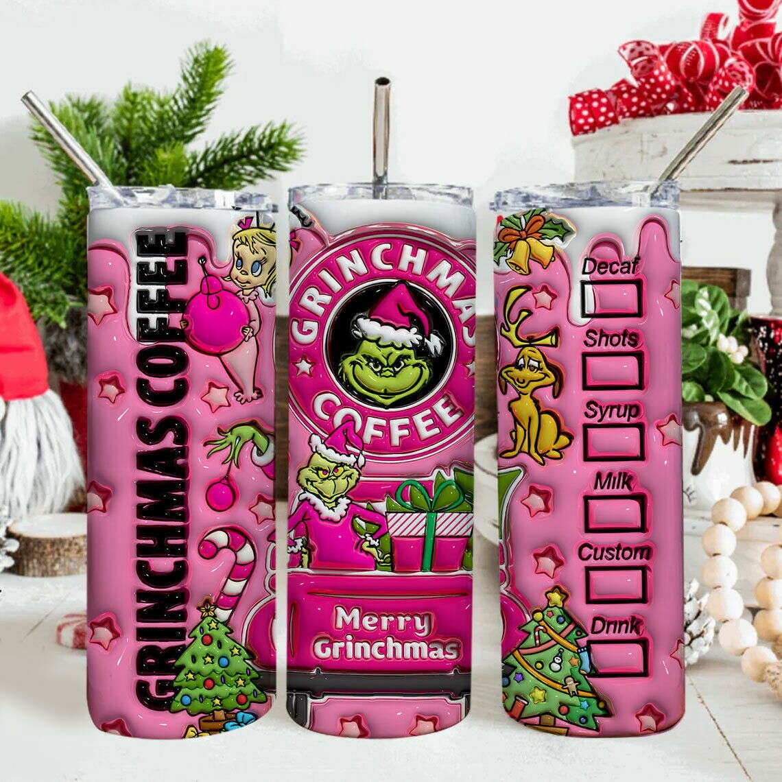 Inflated Pink Christmas Tumbler Design Png, 3D Christmas Tumbler Wraps 20oz 2