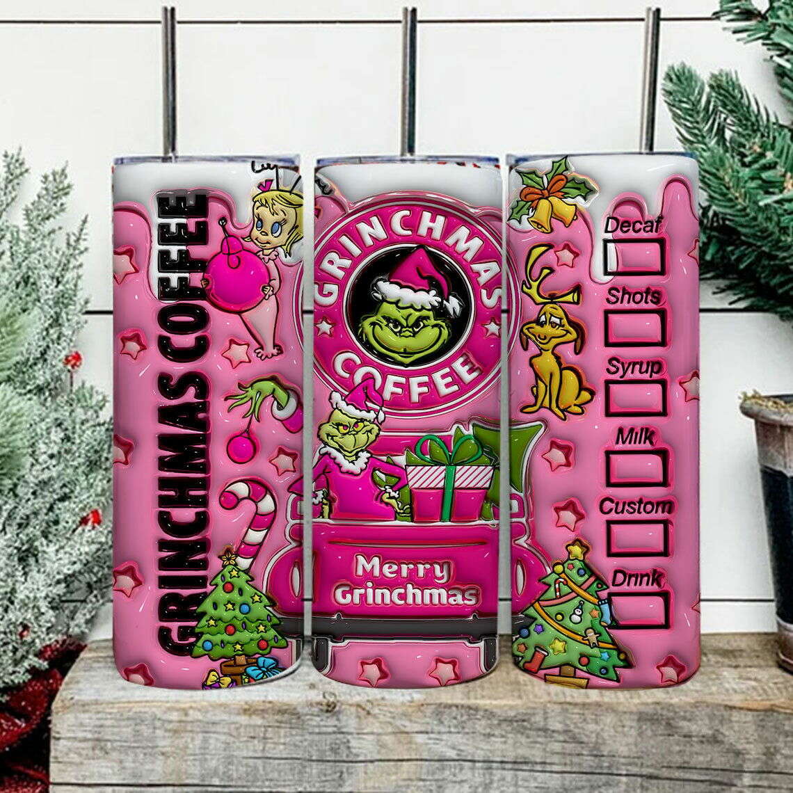 Inflated Pink Christmas Tumbler Design Png, 3D Christmas Tumbler Wraps 20oz 2