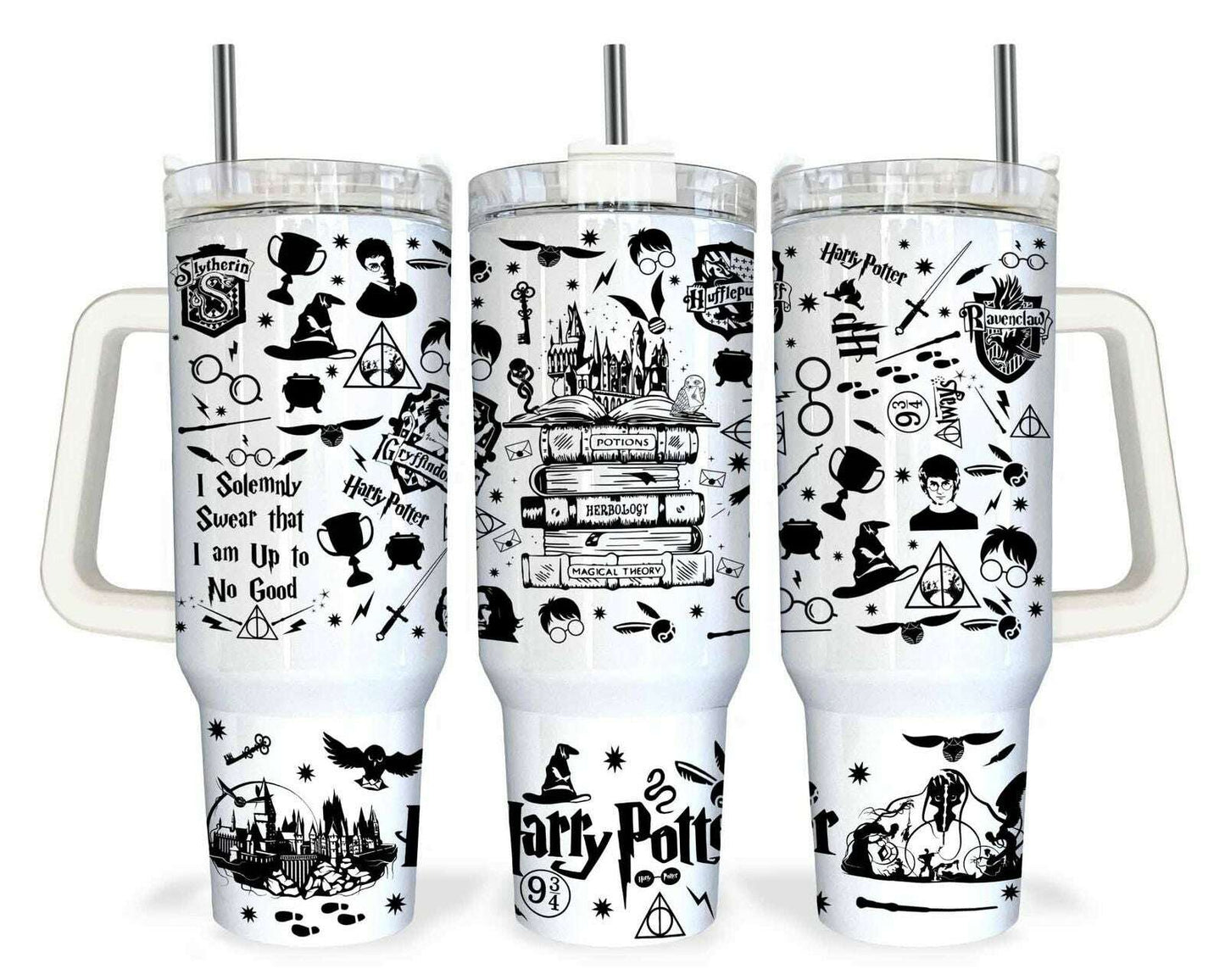 Magic Quencher 40oz Tumbler Wrap, Magic Castle, Magic Book Black And White Design