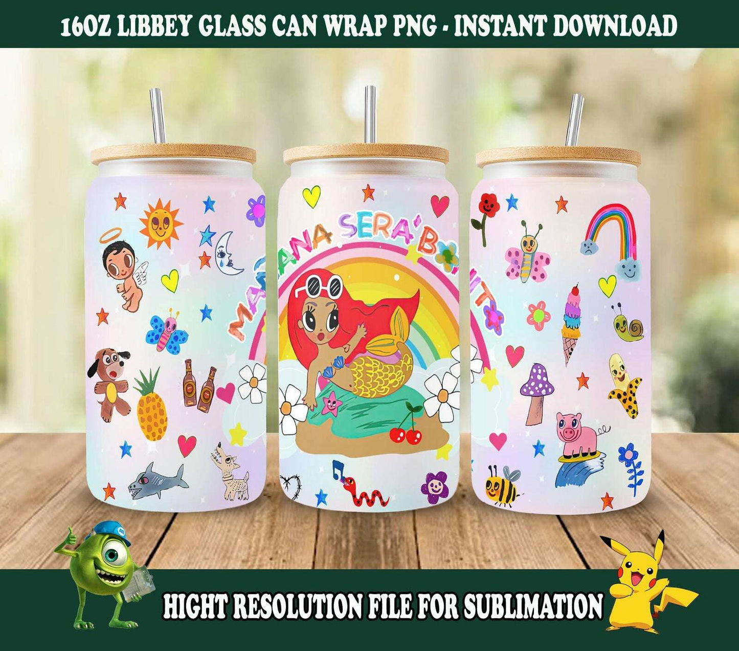 Manana Sera 16oz Glass Can Wrap, Png Design Libbey Glass Can