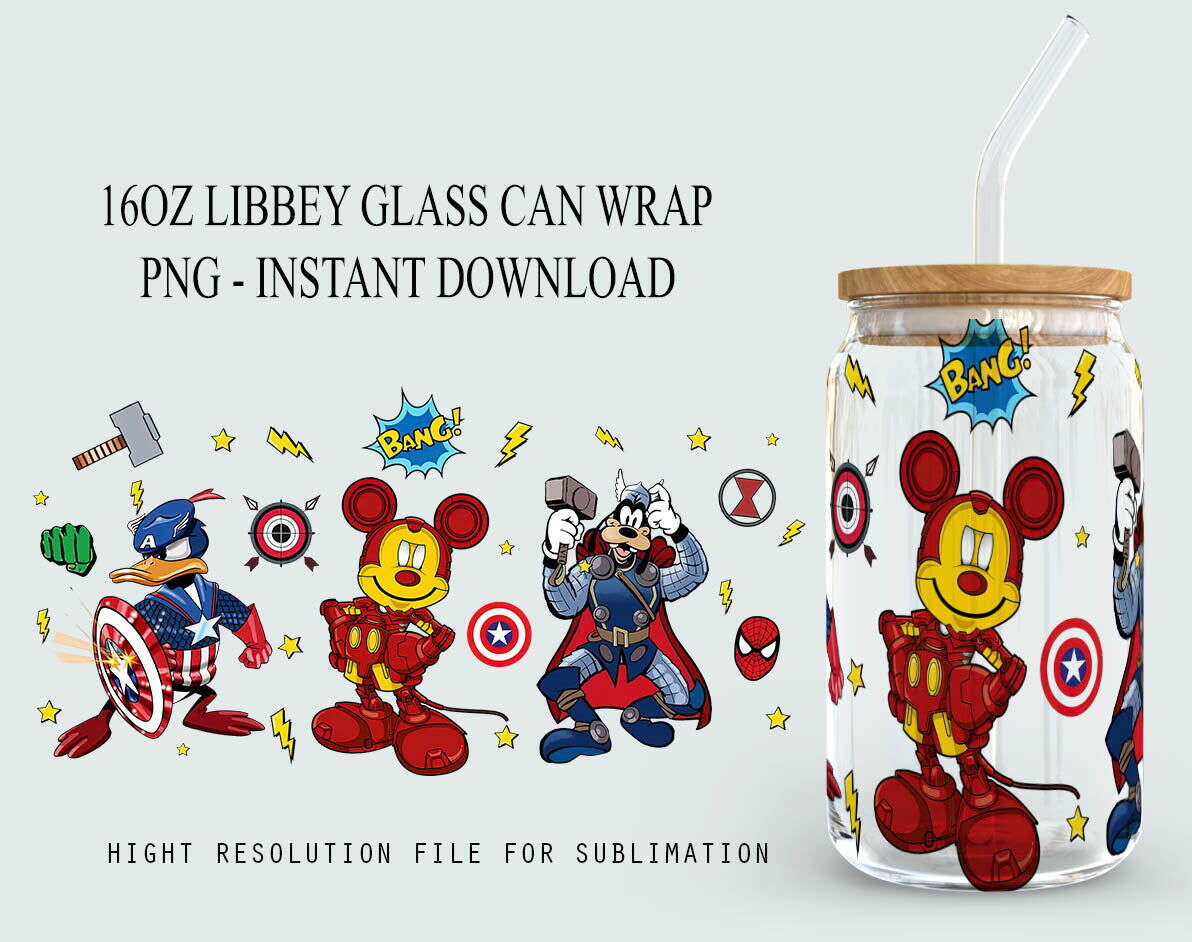 Mouse Superhero 16oz Glass Can Wrap, 16oz Libbey Can Glass, Mouse And Friends