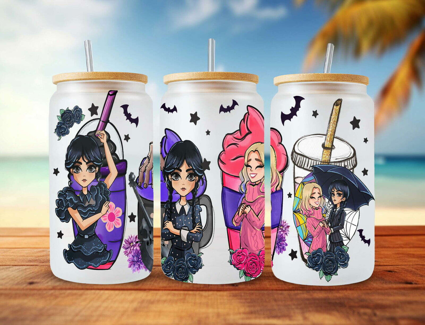 Movies Character 16oz Glass Can Wrap, Halloween Coffee Sublimation Design