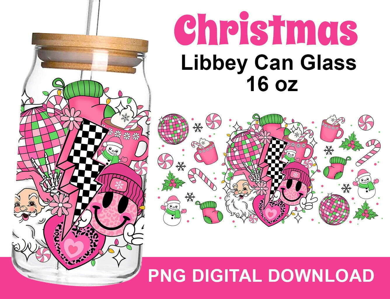 Pink Christmas Coffee 16oz Can Glass Wrap PNG, Christmas Vibes PNG