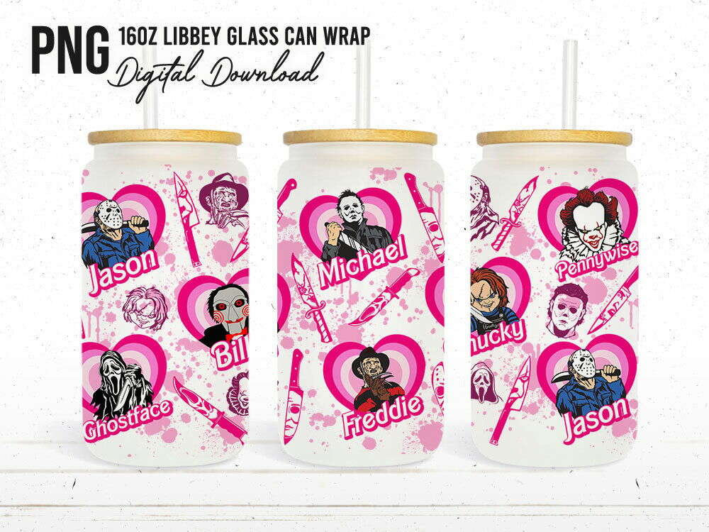 Pink Horror Tumbler Wrap Png, 40oz Tumbler, 16oz Can Glass, Halloween Sublimation, Horror Movie