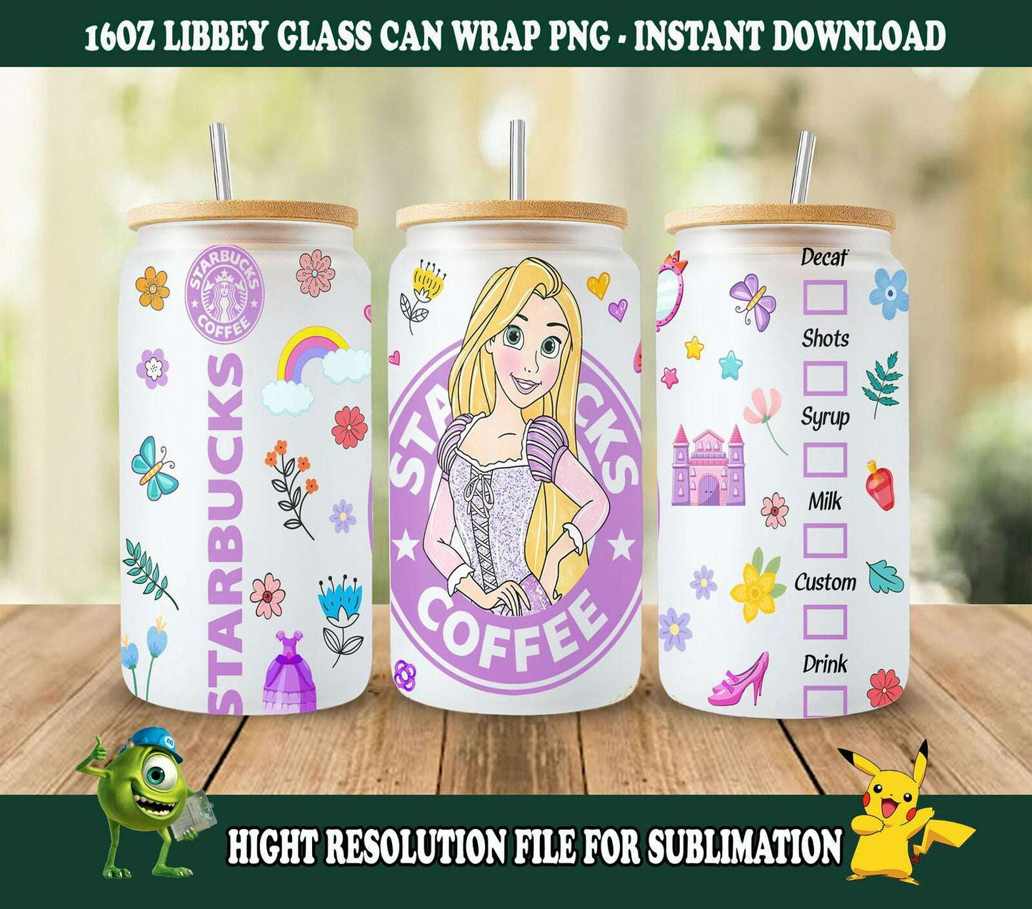 Princess 16oz Glass Can Wrap Png Sublimation Design, Princess Png