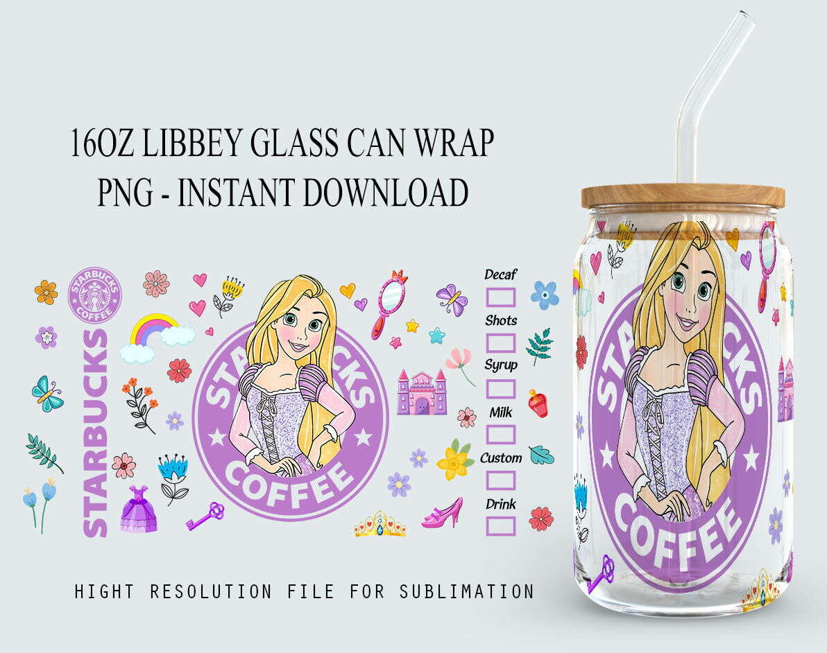 Princess 16oz Glass Can Wrap Png Sublimation Design, Princess Png