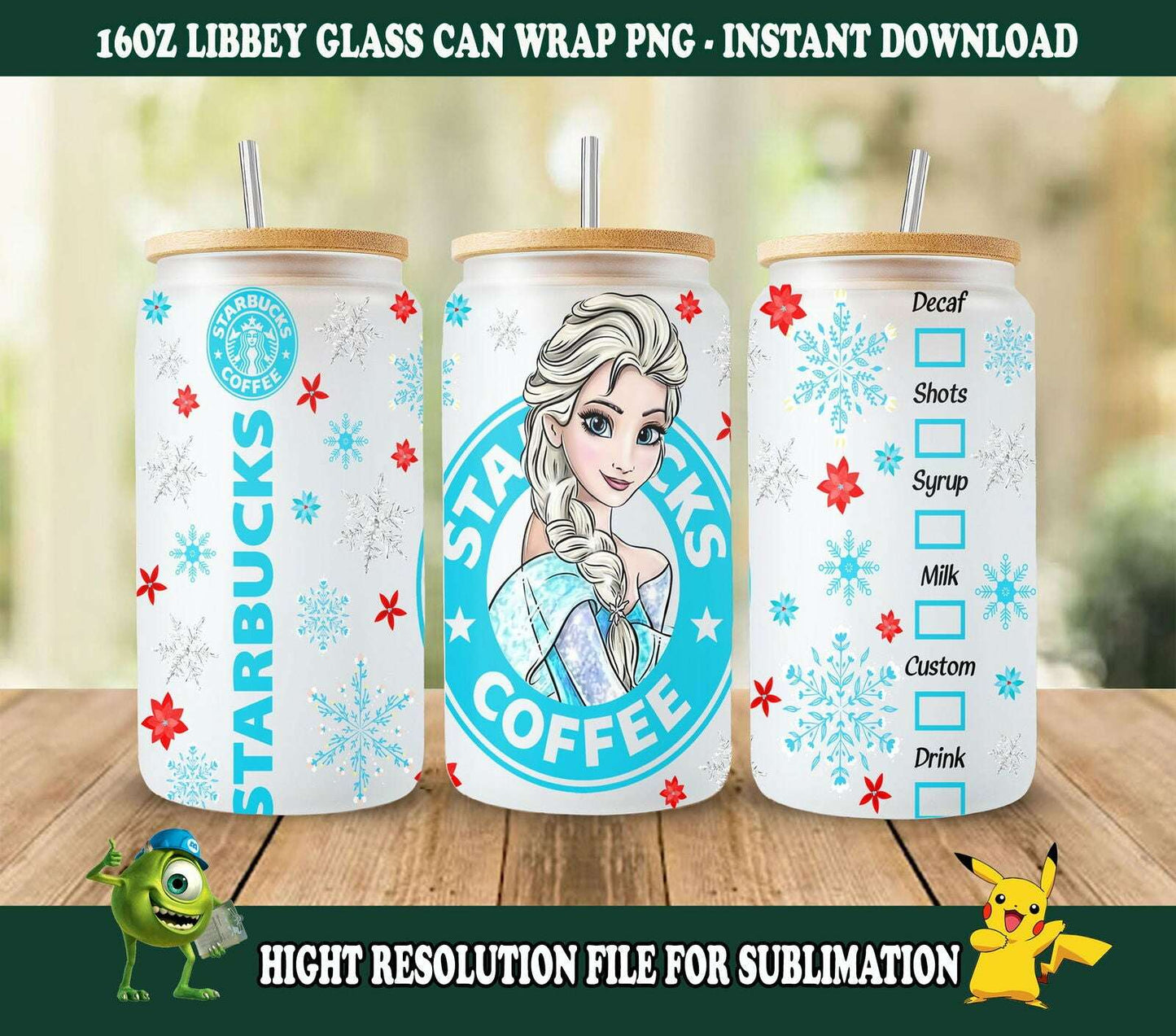 Princess Coffe 16oz Glass Wrap, Libbey Can Glass 16oz Sublimation Design