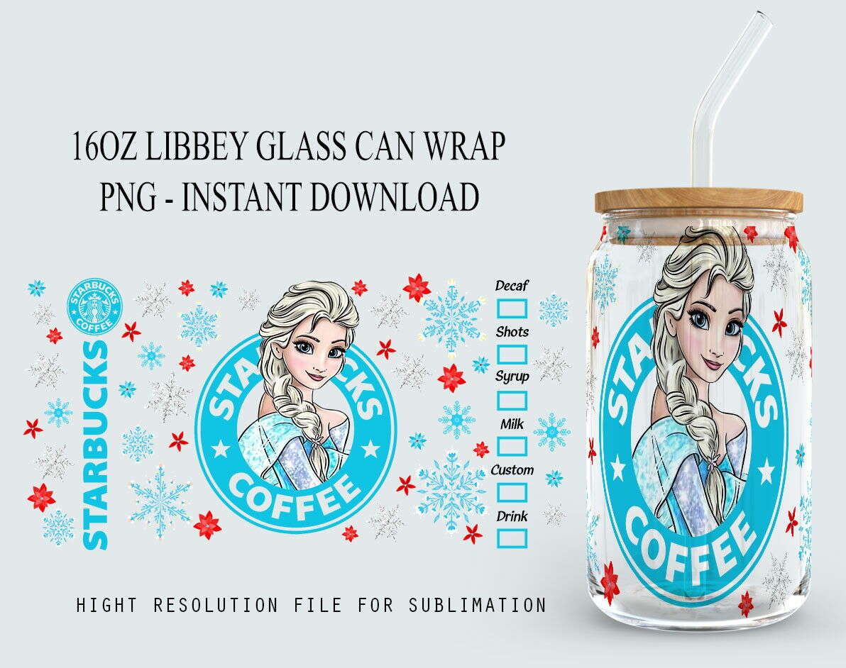 Princess Coffe 16oz Glass Wrap, Libbey Can Glass 16oz Sublimation Design