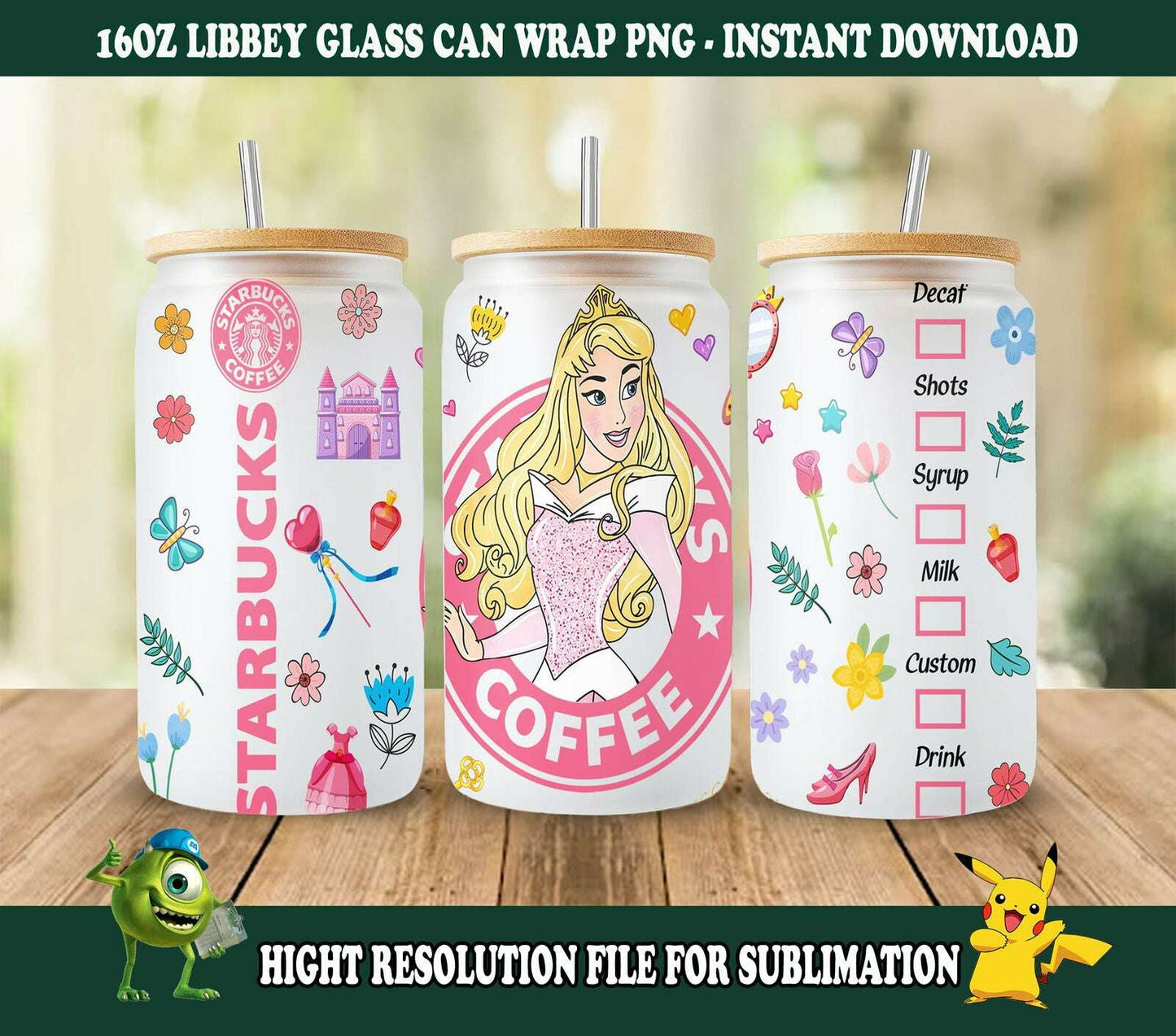Princess Coffee 16oz Glass Can Png, Libbey Can Glass 16oz, Princess Png Design